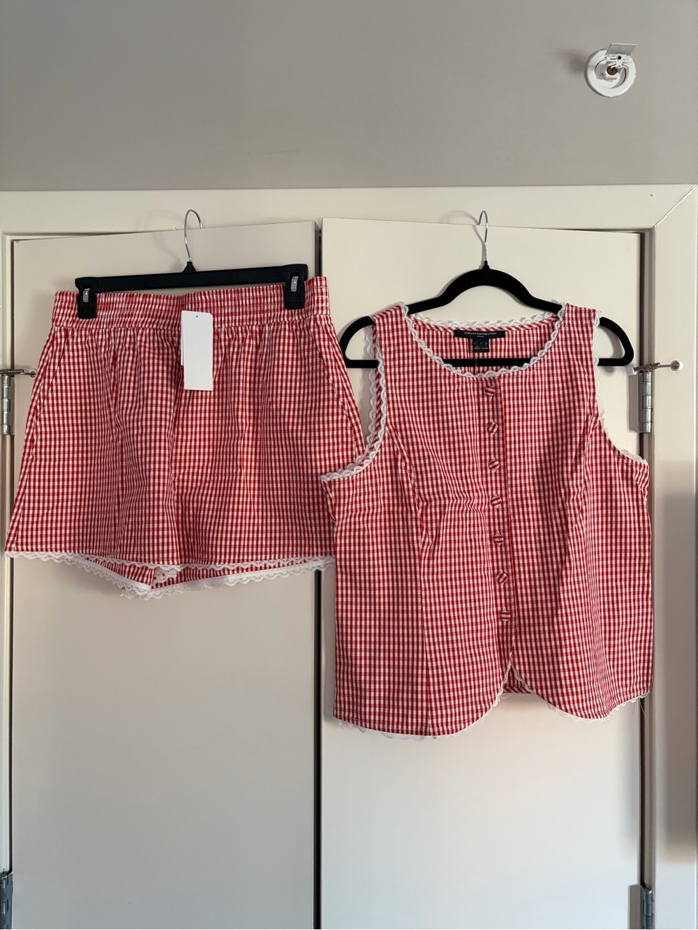French Connection Red Gingham Sleeveless Button Tank & Shorts Set